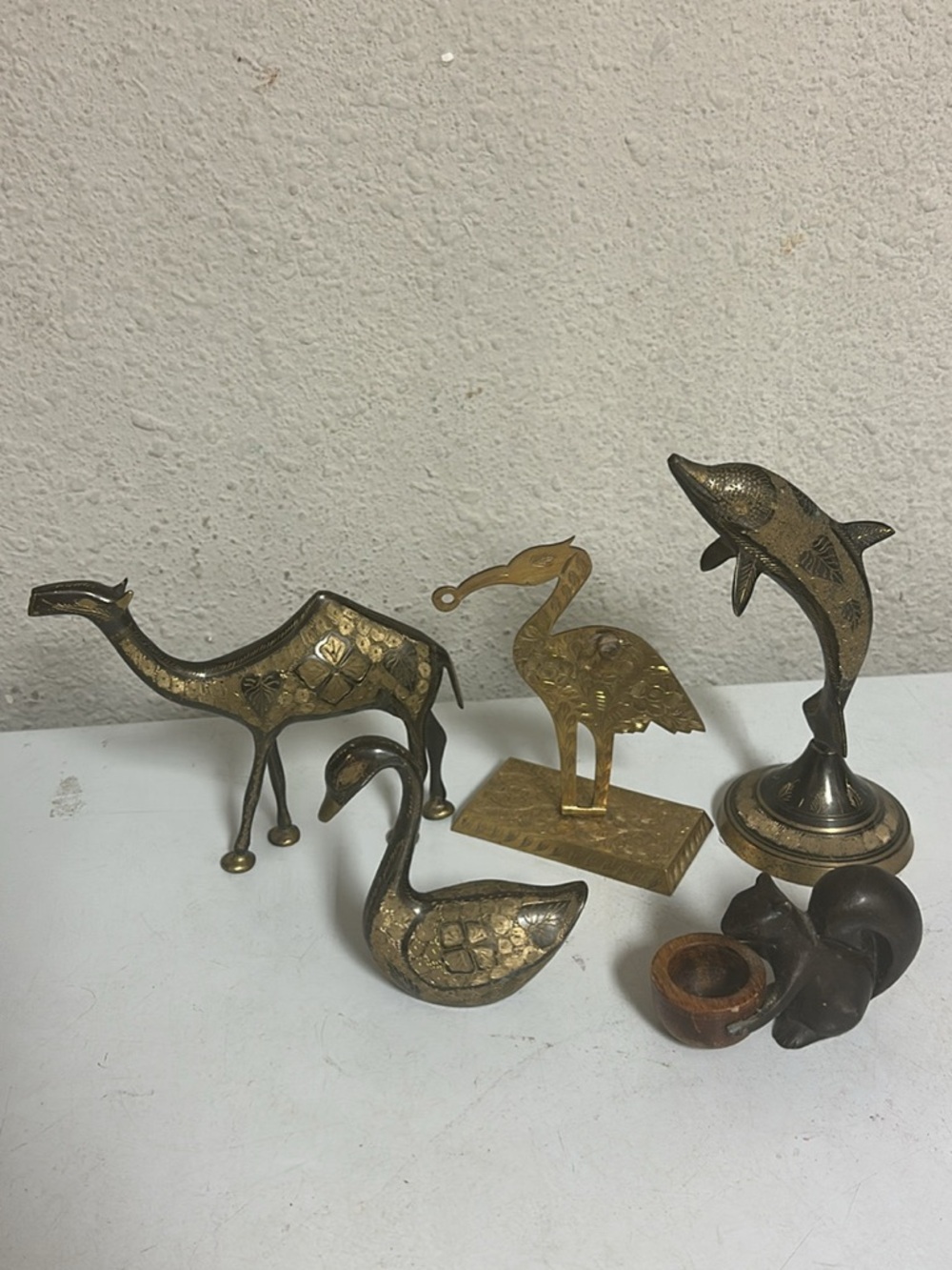 Brass Animal Figurine Lot - Camel, Swan, Crane, Dolphin